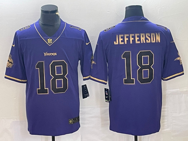 Men's Minnesota Vikings #18 Justin Jefferson Purple Gold Football Stitched Jersey - Click Image to Close